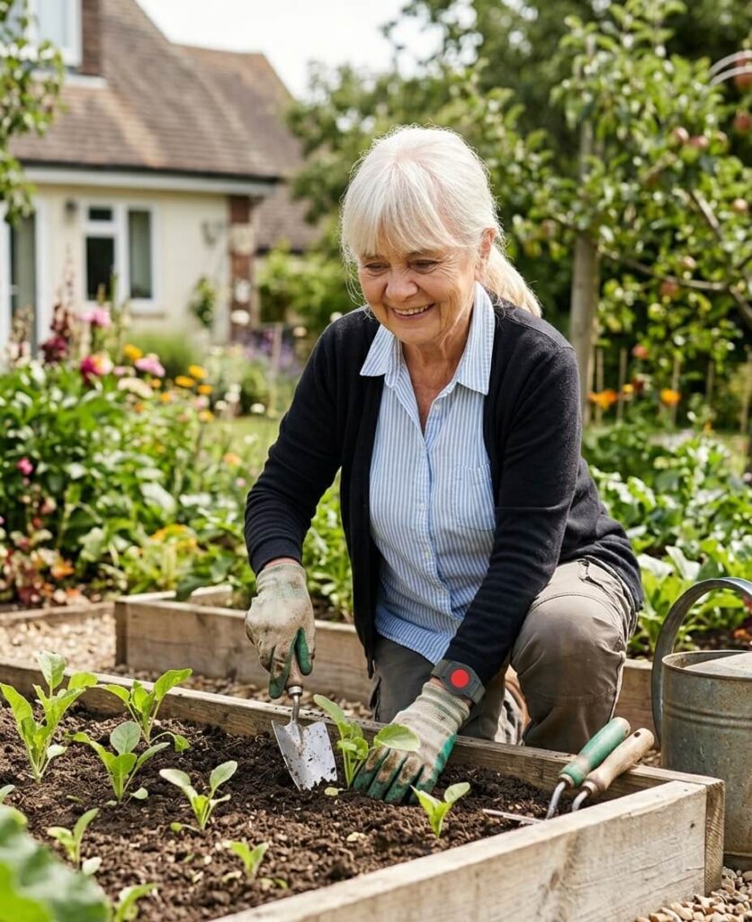 Frau gärtnert im Garten und trägt das Armband des Care Monitor Signal